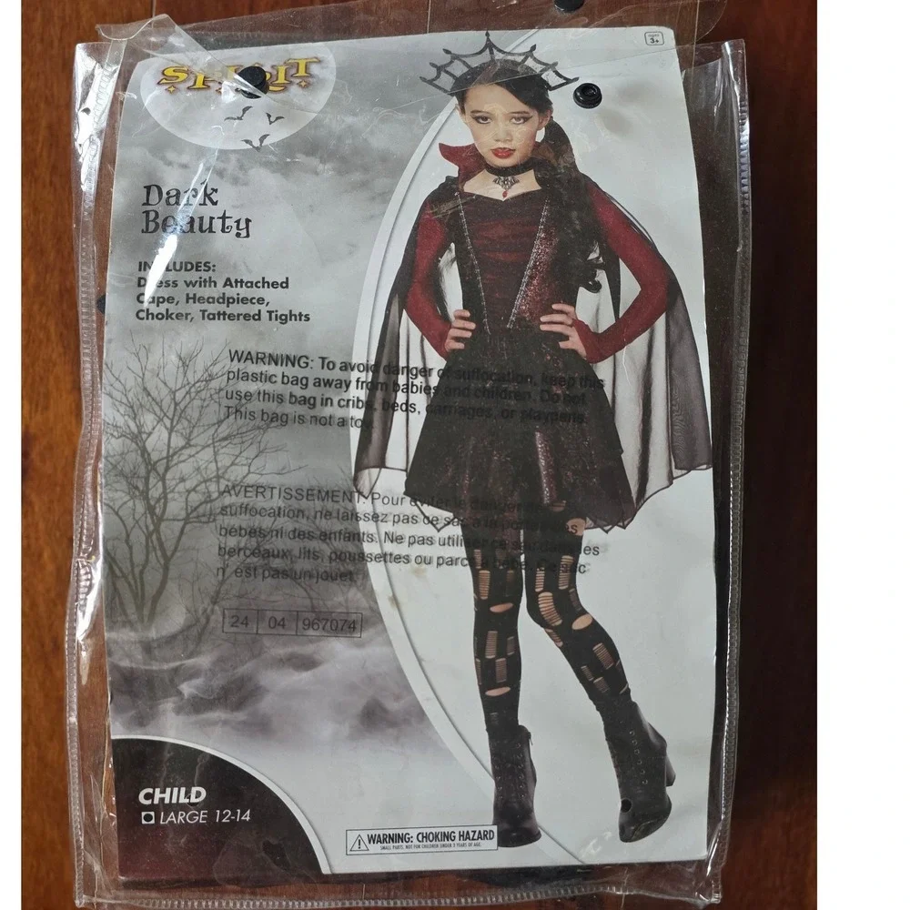 Spirit Halloween Dark Beauty Vampire Costume Child Large 12-14 Dress Cape Tights - Picture 1 of 11